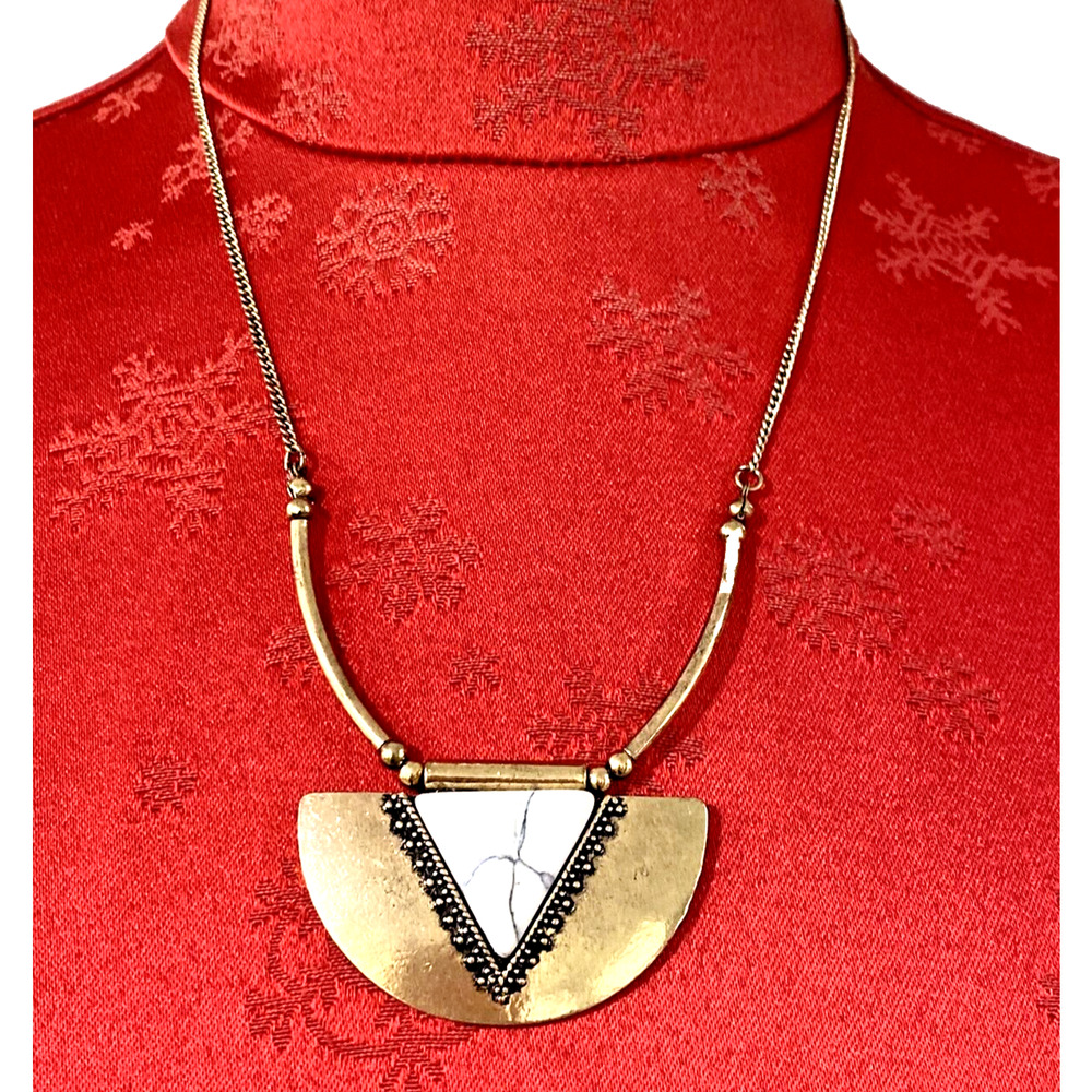 Modern Art To Wear Gold Bib Statement Necklace Faux Stone Pendant Semi Circle
